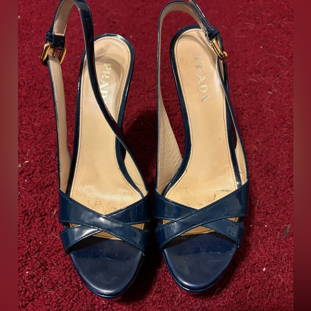 PRADA BLUE PATENT LEATHER SLING BACK PLATFORM SHOES GUC SZ 37.5
